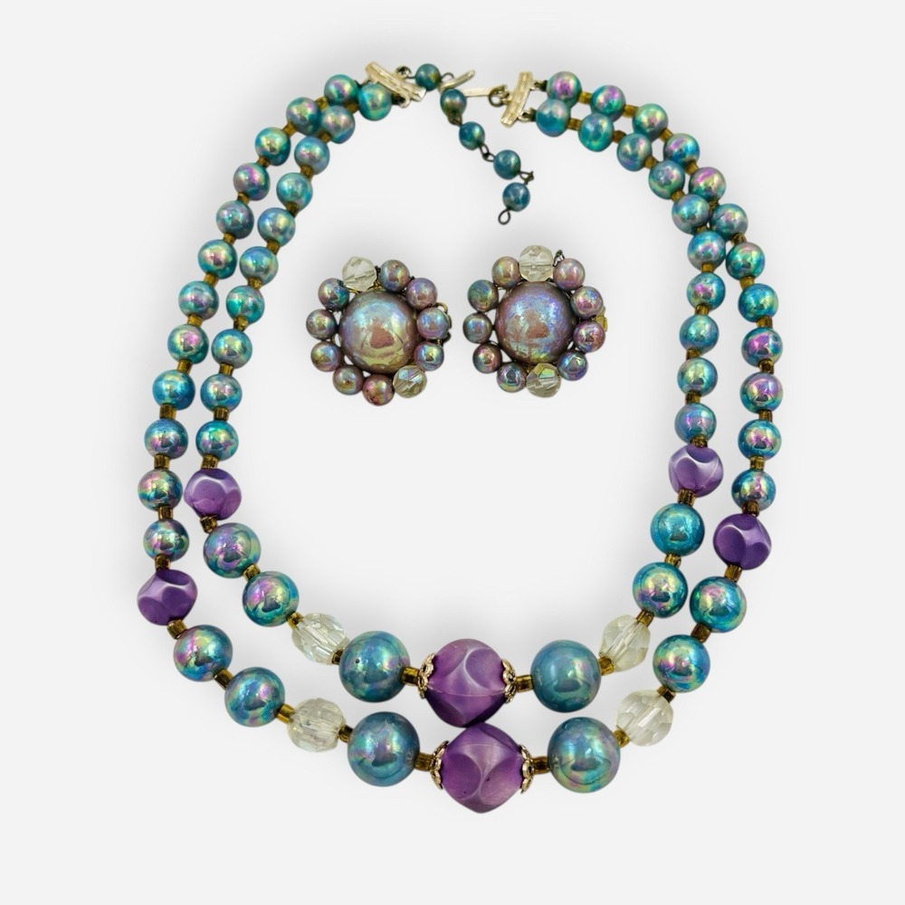 Vintage Japan Purple Blue Double Strand Beaded Necklace Clip Earrings Iridescent